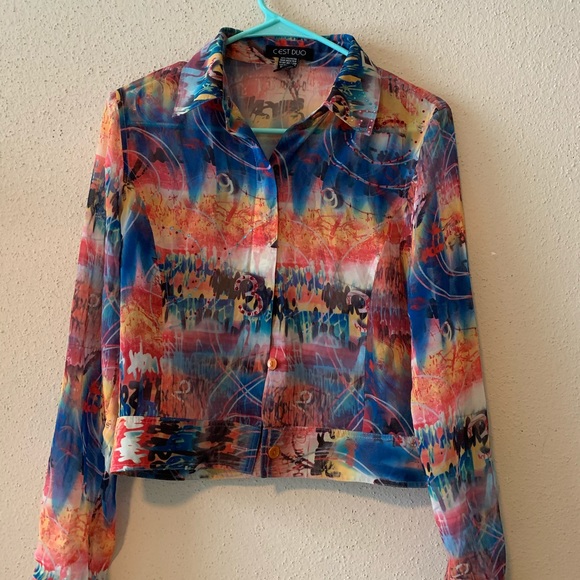 C’est Duo long sleeve chiffon button up - Picture 1 of 5